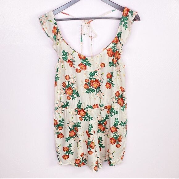 Roxy Cloud Floral Ruffle Open Back Romper Peach Pink Medium Sleeveless - Picture 11 of 15